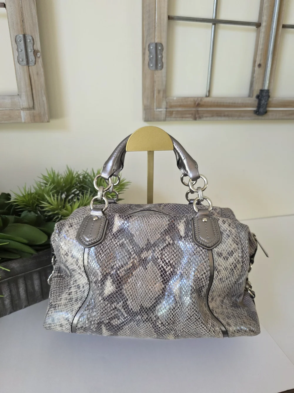 Coach Campbell  Embossed Leather Large Satchel Wallet Set Neutral Snakeskin